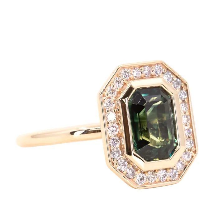 Earrings Anueva Jewelry 205ct Emerald cut Sapphire With Bezel Set Diamond Halo In 14k Yellow Gold