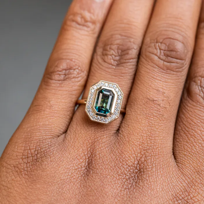 Earrings Anueva Jewelry 205ct Emerald cut Sapphire With Bezel Set Diamond Halo In 14k Yellow Gold