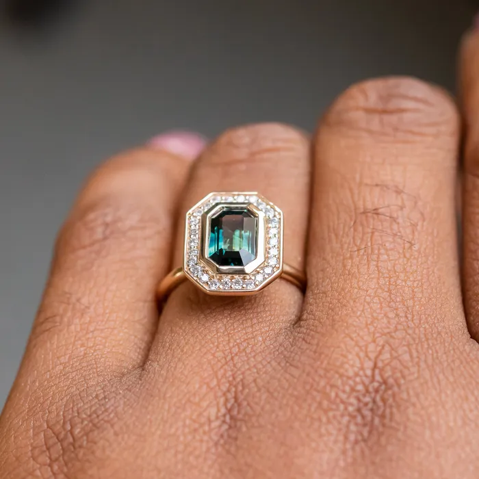 Earrings Anueva Jewelry 205ct Emerald cut Sapphire With Bezel Set Diamond Halo In 14k Yellow Gold