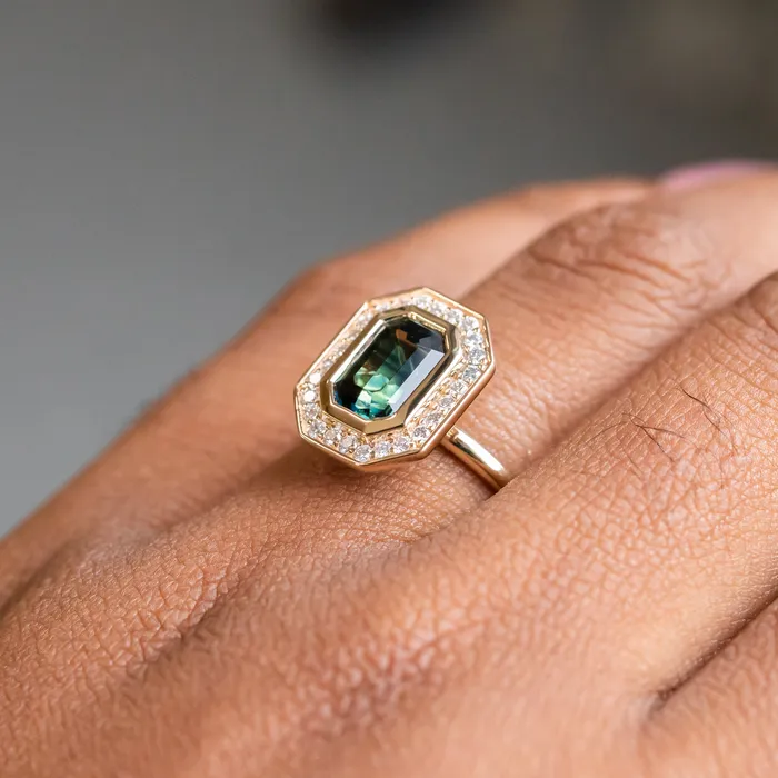 Earrings Anueva Jewelry 205ct Emerald cut Sapphire With Bezel Set Diamond Halo In 14k Yellow Gold