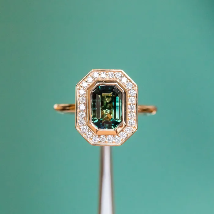 Earrings Anueva Jewelry 205ct Emerald cut Sapphire With Bezel Set Diamond Halo In 14k Yellow Gold