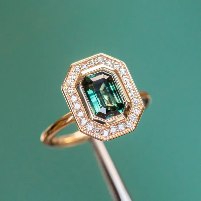 Earrings Anueva Jewelry 205ct Emerald cut Sapphire With Bezel Set Diamond Halo In 14k Yellow Gold
