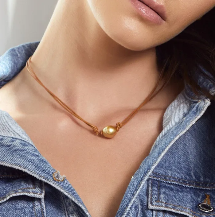 Golden South Sea Baroque Pearl on Leather Adjustable Necklace SPT Necklaces