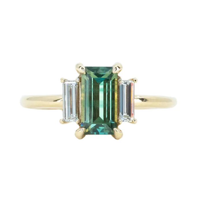 Michael Couch Rings 133ct Parti Green Emerald Cut Sapphire and Diamond Low Profile Three Stone Ring in 14k Yellow Gold Michael Couch Rings 133ct Parti Green Emerald Cut Sapphire and Diamond Low Profile Three Stone Ring in 14k Yellow Gold