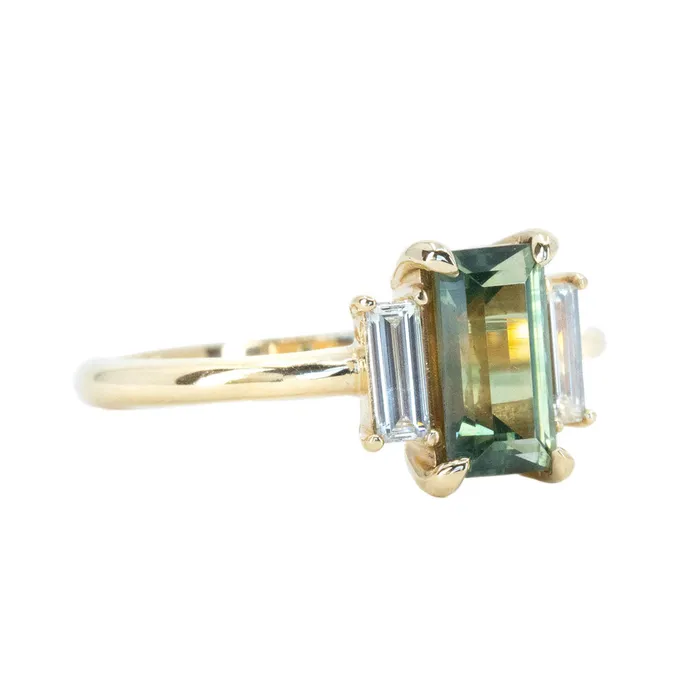 Michael Couch Rings 133ct Parti Green Emerald Cut Sapphire and Diamond Low Profile Three Stone Ring in 14k Yellow Gold