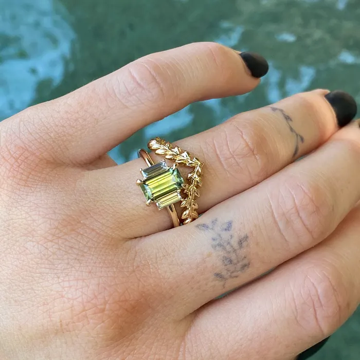 Michael Couch Rings 133ct Parti Green Emerald Cut Sapphire and Diamond Low Profile Three Stone Ring in 14k Yellow Gold