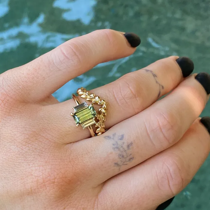 Michael Couch Rings 133ct Parti Green Emerald Cut Sapphire and Diamond Low Profile Three Stone Ring in 14k Yellow Gold