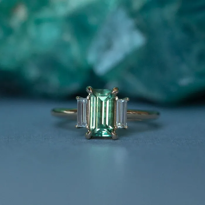 Michael Couch Rings 133ct Parti Green Emerald Cut Sapphire and Diamond Low Profile Three Stone Ring in 14k Yellow Gold