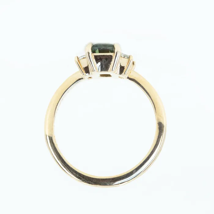 Michael Couch Rings 133ct Parti Green Emerald Cut Sapphire and Diamond Low Profile Three Stone Ring in 14k Yellow Gold