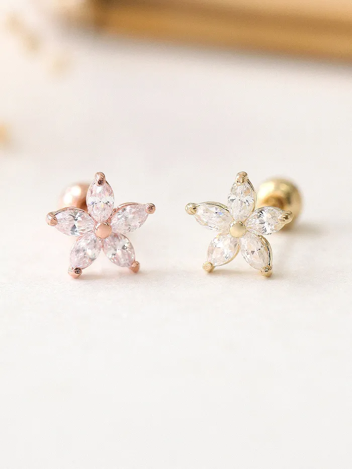 MinimalBijoux Earrings 14K gold Double Flower Cubic cartilage earring 20g