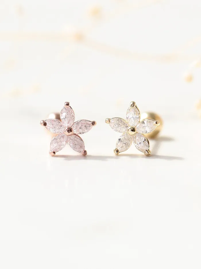 MinimalBijoux Earrings 14K gold Double Flower Cubic cartilage earring 20g