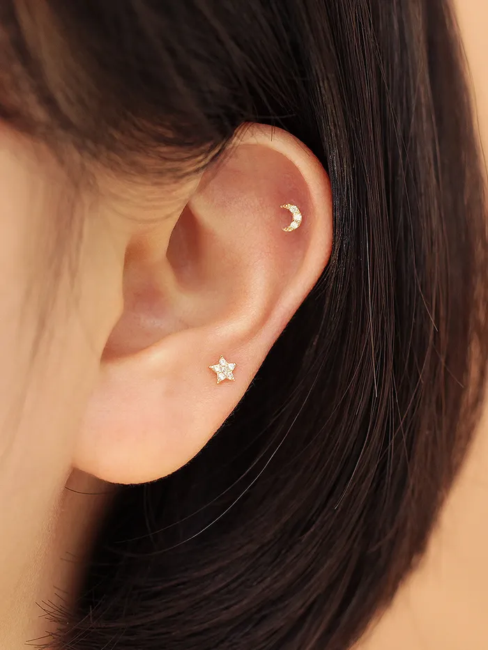 MinimalBijoux Earrings 14K gold Minimi Cubic Star Moon cartilage earring 20g