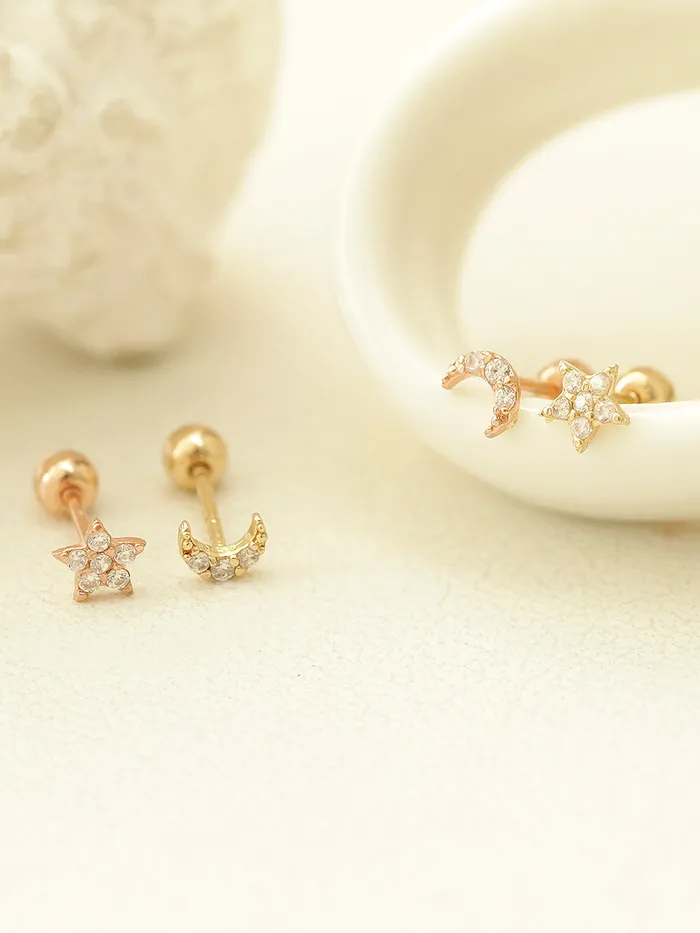 MinimalBijoux Earrings 14K gold Minimi Cubic Star Moon cartilage earring 20g