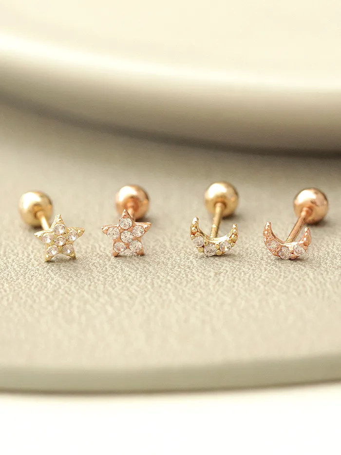 MinimalBijoux Earrings 14K gold Minimi Cubic Star Moon cartilage earring 20g