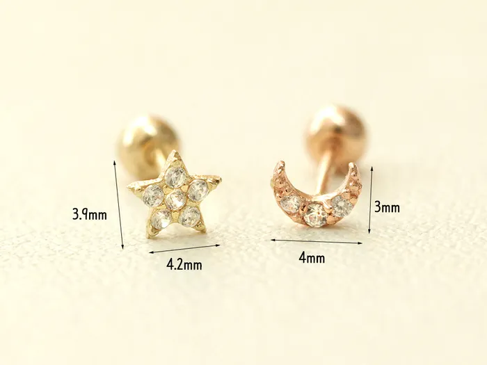 MinimalBijoux Earrings 14K gold Minimi Cubic Star Moon cartilage earring 20g