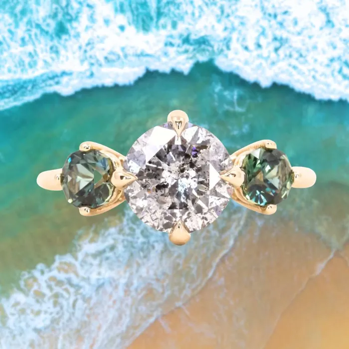 Naveet Rings 178ct Round Salt Pepper Diamond and Parti Sapphire Three Stone Ring in 14K Yellow Gold Naveet Rings 178ct Round Salt Pepper Diamond and Parti Sapphire Three Stone Ring in 14K Yellow Gold