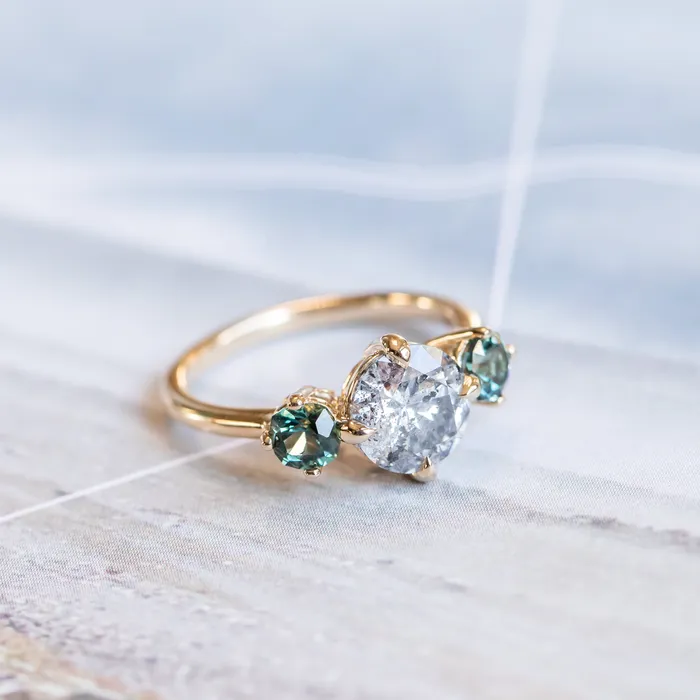 Naveet Rings 178ct Round Salt Pepper Diamond and Parti Sapphire Three Stone Ring in 14K Yellow Gold