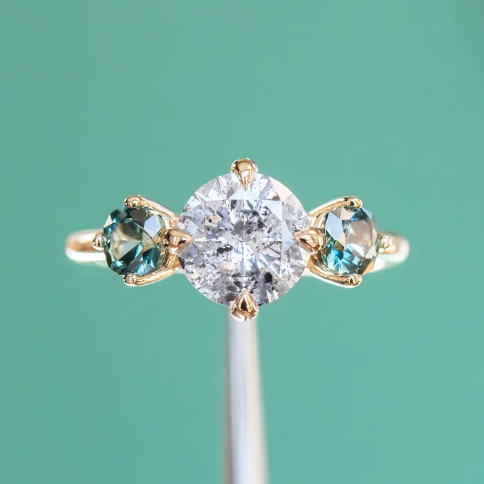 Naveet Rings 178ct Round Salt Pepper Diamond and Parti Sapphire Three Stone Ring in 14K Yellow Gold