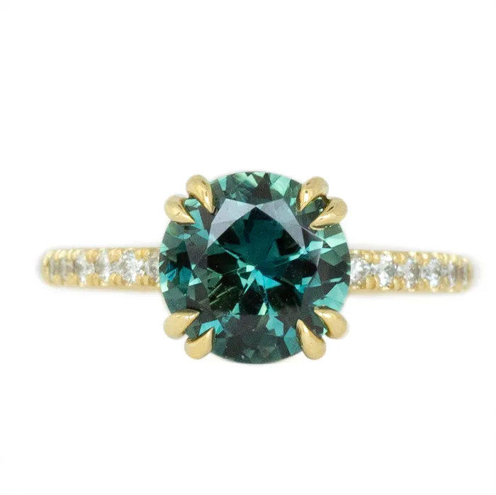 PreStyled Sets 276ct Round Teal Nigerian Sapphire Double Prong Solitaire with Diamonds in 18k Yellow Gold Anueva Jewelry PreStyled Sets 276ct Round Teal Nigerian Sapphire Double Prong Solitaire with Diamonds in 18k Yellow Gold Anueva Jewelry