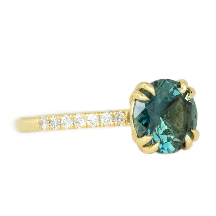 PreStyled Sets 276ct Round Teal Nigerian Sapphire Double Prong Solitaire with Diamonds in 18k Yellow Gold Anueva Jewelry
