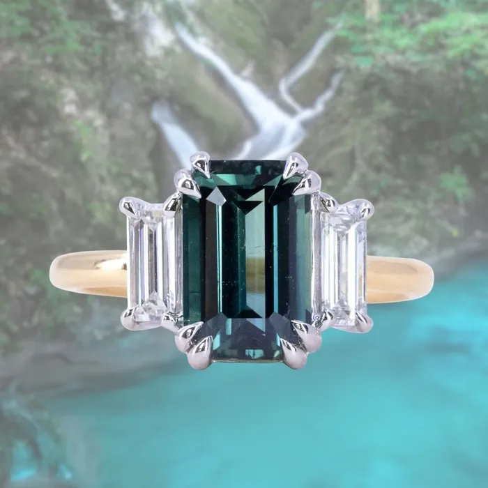 Rings 305ct Teal Emerald Cut Sapphire Three Stone Ring with Baguette Diamonds in Platinum 18k Yellow Gold Anueva Jewelry Rings 305ct Teal Emerald Cut Sapphire Three Stone Ring with Baguette Diamonds in Platinum 18k Yellow Gold Anueva Jewelry