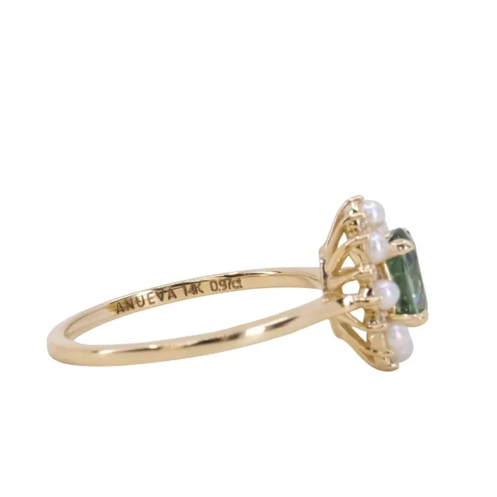 Rings Anueva Jewelry 097ct Oval Teal Montana Sapphire Low Profile Diamond and Pearl Halo Ring in 14k Yellow Gold