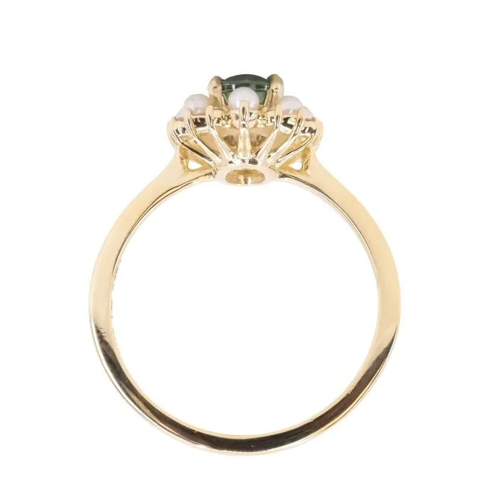 Rings Anueva Jewelry 097ct Oval Teal Montana Sapphire Low Profile Diamond and Pearl Halo Ring in 14k Yellow Gold