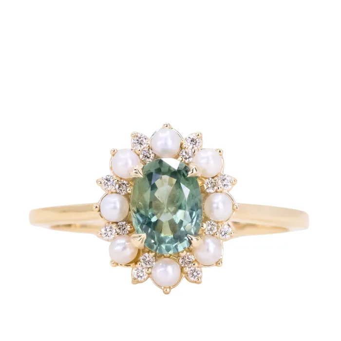 Rings Anueva Jewelry 097ct Oval Teal Montana Sapphire Low Profile Diamond and Pearl Halo Ring in 14k Yellow Gold