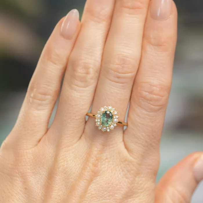 Rings Anueva Jewelry 097ct Oval Teal Montana Sapphire Low Profile Diamond and Pearl Halo Ring in 14k Yellow Gold