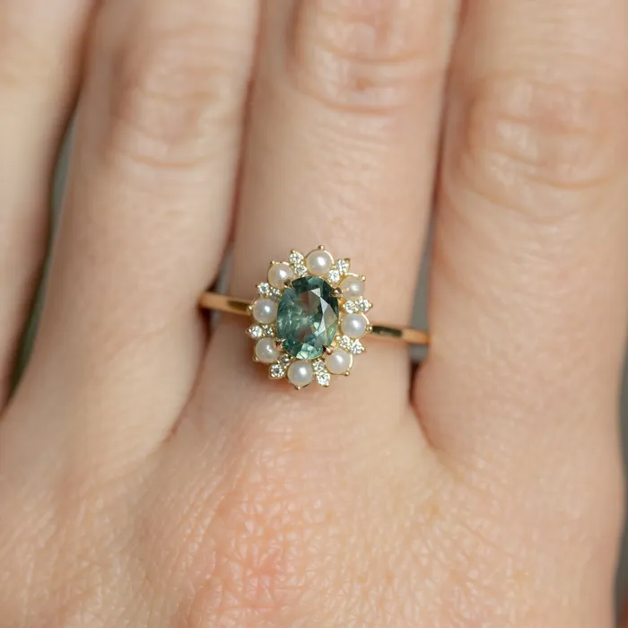 Rings Anueva Jewelry 097ct Oval Teal Montana Sapphire Low Profile Diamond and Pearl Halo Ring in 14k Yellow Gold