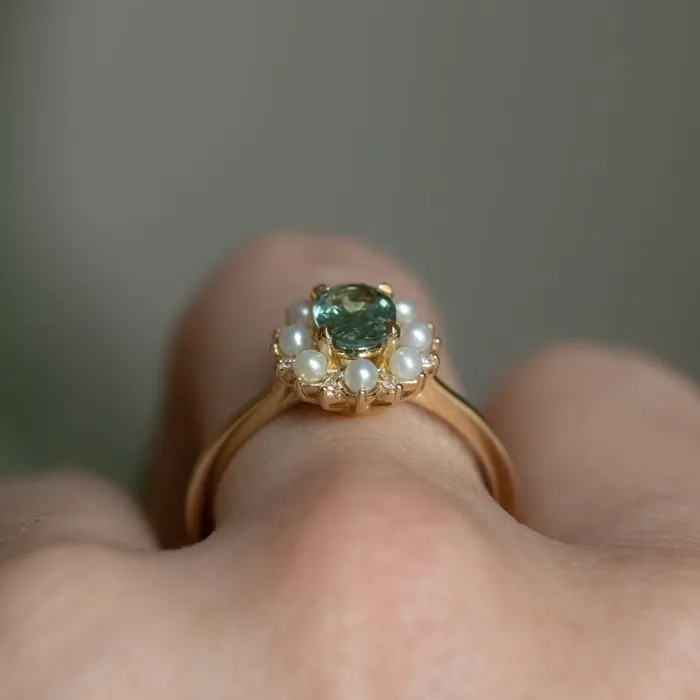 Rings Anueva Jewelry 097ct Oval Teal Montana Sapphire Low Profile Diamond and Pearl Halo Ring in 14k Yellow Gold