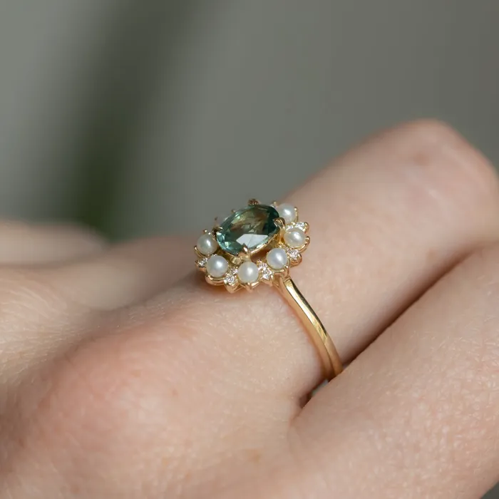 Rings Anueva Jewelry 097ct Oval Teal Montana Sapphire Low Profile Diamond and Pearl Halo Ring in 14k Yellow Gold