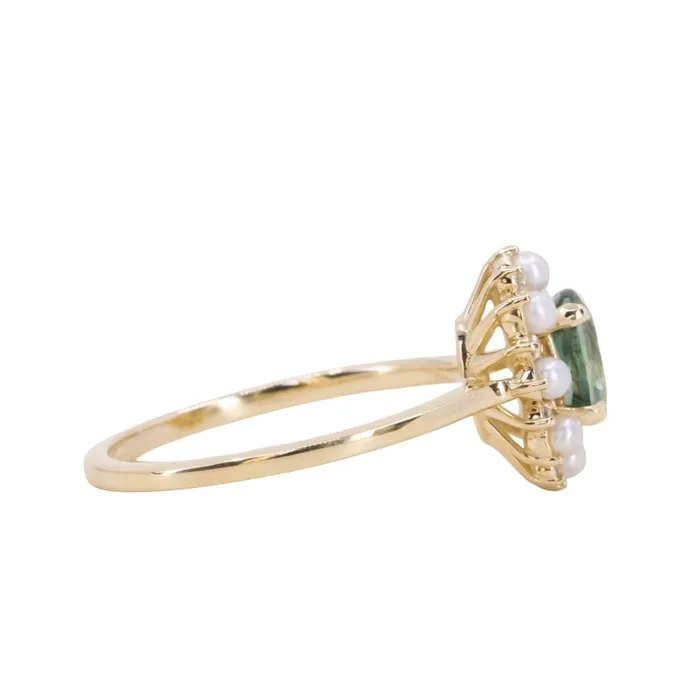 Rings Anueva Jewelry 097ct Oval Teal Montana Sapphire Low Profile Diamond and Pearl Halo Ring in 14k Yellow Gold