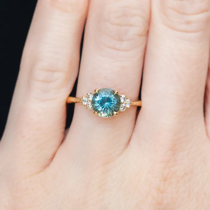 Rings Anueva Jewelry 158ct Round Blue Montana Sapphire and Diamond Cluster Ring in 18k Yellow Gold with Diamonds