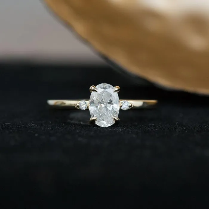 Rings Anueva Jewelry 1ct Oval White Diamond dainty threestone ring in 14k Yellow Gold