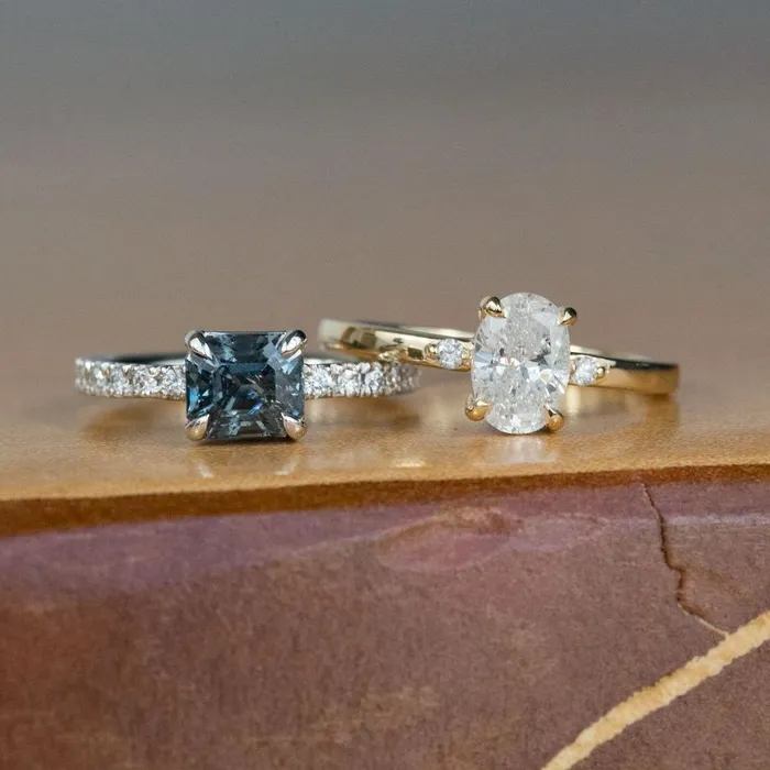 Rings Anueva Jewelry 1ct Oval White Diamond dainty threestone ring in 14k Yellow Gold