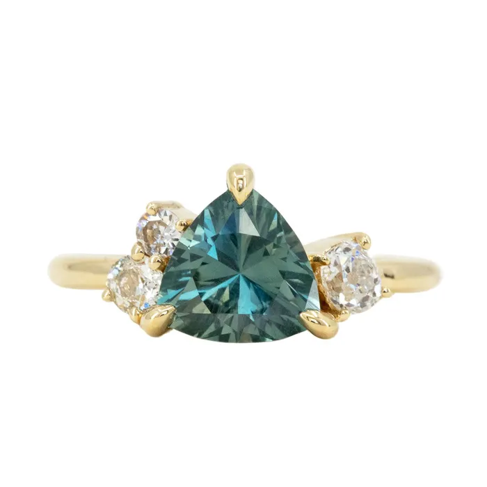 Rings Anueva Jewelry 213ct Trillion Montana Sapphire Low Profile Antique Diamond Cluster Ring Set in 18K Yellow Gold