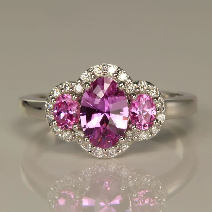Rings Moriartys Gem Art 14K White Gold Three Stone Pink Sapphire and Diamond Halo Ring 112cts Rings Moriartys Gem Art 14K White Gold Three Stone Pink Sapphire and Diamond Halo Ring 112cts