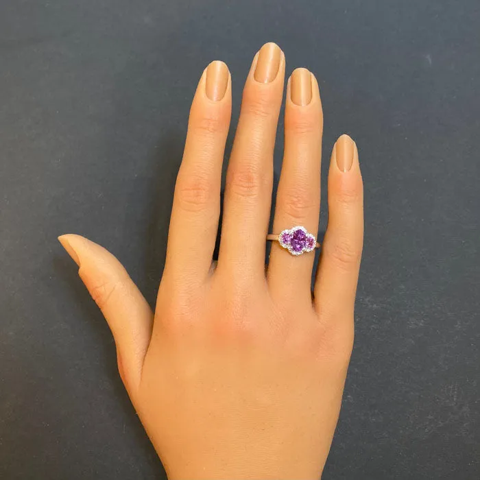 Rings Moriartys Gem Art 14K White Gold Three Stone Pink Sapphire and Diamond Halo Ring 112cts
