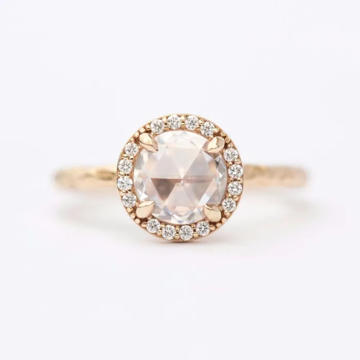 Rosecut Moissanite in Yellow Gold Diamond Halo Hand Carved Eclectic Band and Antiqueinspired setting Rosecut Engagement Ring by Anueva Jewelry Anueva Jewelry Rings Rosecut Moissanite in Yellow Gold Diamond Halo Hand Carved Eclectic Band and Antiqueinspired setting Rosecut Engagement Ring by Anueva Jewelry Anueva Jewelry Rings