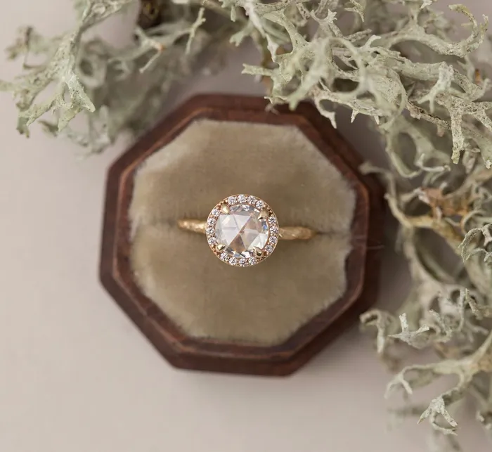 Rosecut Moissanite in Yellow Gold Diamond Halo Hand Carved Eclectic Band and Antiqueinspired setting Rosecut Engagement Ring by Anueva Jewelry Anueva Jewelry Rings