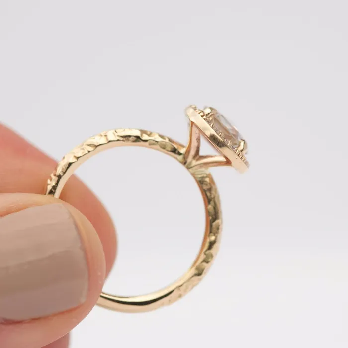 Rosecut Moissanite in Yellow Gold Diamond Halo Hand Carved Eclectic Band and Antiqueinspired setting Rosecut Engagement Ring by Anueva Jewelry Anueva Jewelry Rings