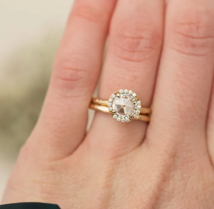 Rosecut Moissanite in Yellow Gold Diamond Halo Hand Carved Eclectic Band and Antiqueinspired setting Rosecut Engagement Ring by Anueva Jewelry Anueva Jewelry Rings