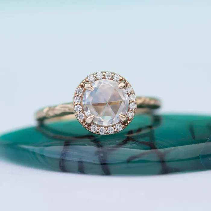 Rosecut Moissanite in Yellow Gold Diamond Halo Hand Carved Eclectic Band and Antiqueinspired setting Rosecut Engagement Ring by Anueva Jewelry Anueva Jewelry Rings