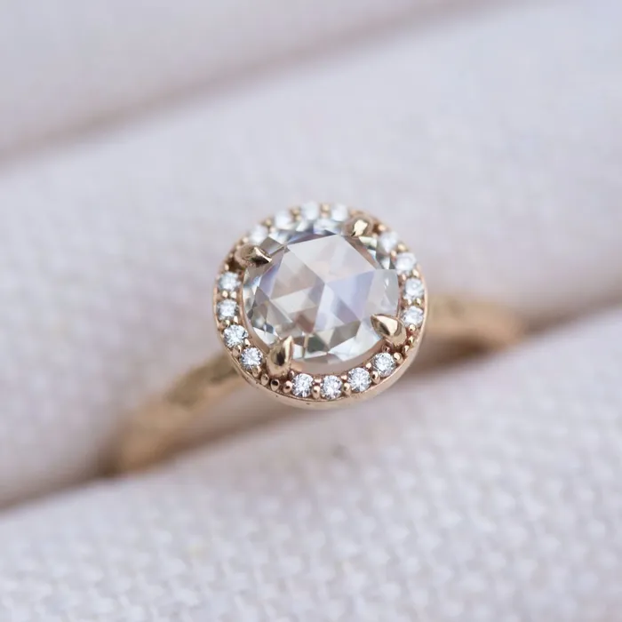 Rosecut Moissanite in Yellow Gold Diamond Halo Hand Carved Eclectic Band and Antiqueinspired setting Rosecut Engagement Ring by Anueva Jewelry Anueva Jewelry Rings