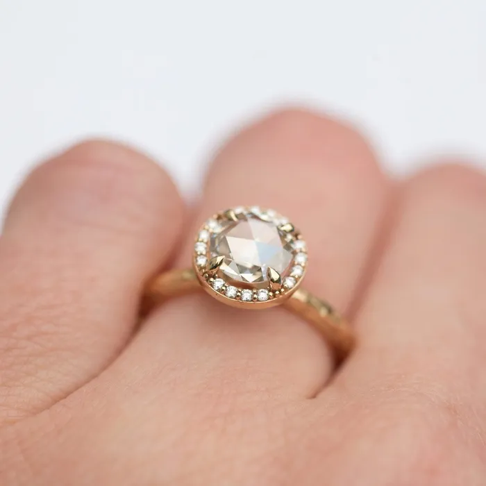 Rosecut Moissanite in Yellow Gold Diamond Halo Hand Carved Eclectic Band and Antiqueinspired setting Rosecut Engagement Ring by Anueva Jewelry Anueva Jewelry Rings