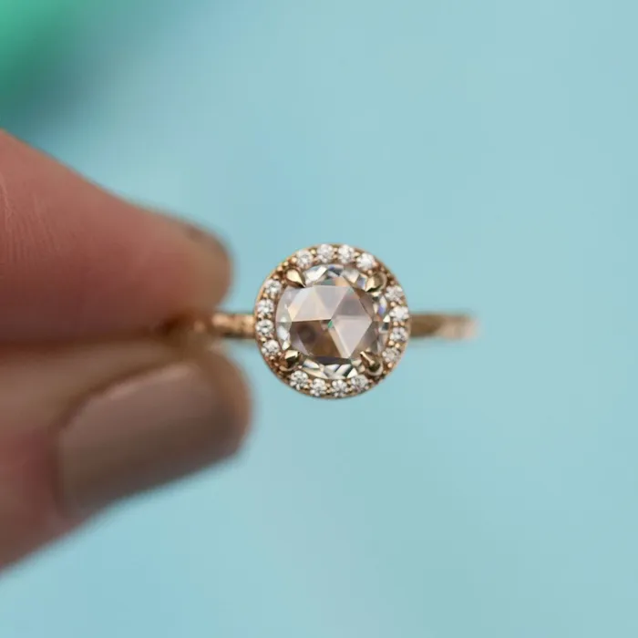 Rosecut Moissanite in Yellow Gold Diamond Halo Hand Carved Eclectic Band and Antiqueinspired setting Rosecut Engagement Ring by Anueva Jewelry Anueva Jewelry Rings