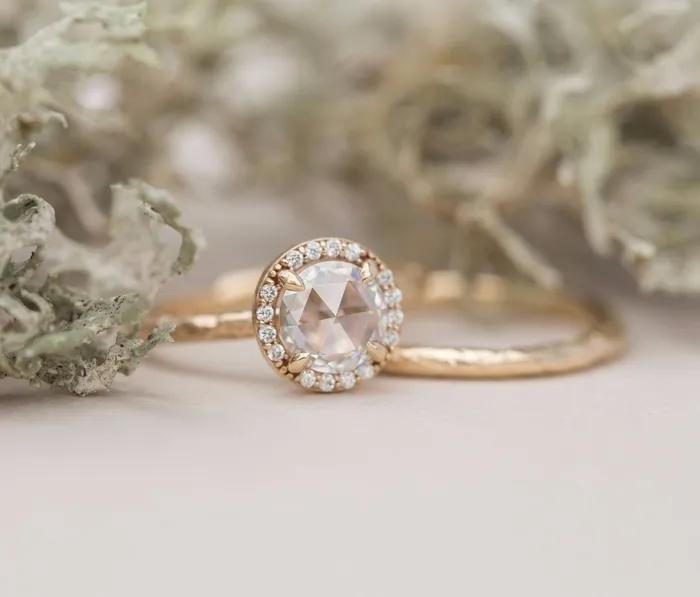 Rosecut Moissanite in Yellow Gold Diamond Halo Hand Carved Eclectic Band and Antiqueinspired setting Rosecut Engagement Ring by Anueva Jewelry Anueva Jewelry Rings
