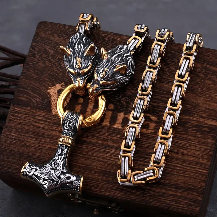 AE Necklaces Gold Trimmed Kings Chain Necklace With Wolves Holding Thors Hammer Pendant AE Necklaces Gold Trimmed Kings Chain Necklace With Wolves Holding Thors Hammer Pendant