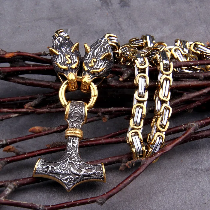 AE Necklaces Gold Trimmed Kings Chain Necklace With Wolves Holding Thors Hammer Pendant